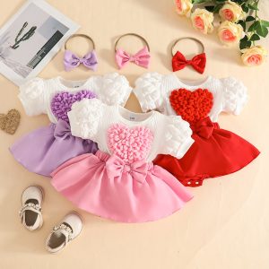 Foreign Trade Sweet Baby Girl Stereo Heart Puff Sleeve Dress with Crotch Bottom Short-Sleeved Red Color 0-3M