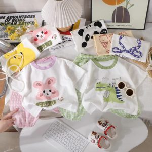 Girls' Short-Sleeve Long Pants Set Summer Pure Cotton Half-Sleeve Toddler Baby T-Shirt Pants Two-Piece