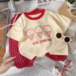 Girls' Short-Sleeve Long Pants Set Summer Pure Cotton Half-Sleeve Toddler Two-Piece Ice Cream Color 120cm Size