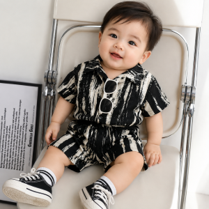 Children's Suit New Korean Style Short-Sleeved Shorts Shirt Two-Piece Set Beach Style Trade Children's Clothing Ink White 100cm