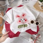 Girls' Short-Sleeve Long Pants Set Summer Pure Cotton Half-Sleeve Toddler Two-Piece Rose Red Color 90cm Size