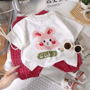 Girls' Short-Sleeve Long Pants Set Summer Pure Cotton Half-Sleeve Toddler Two-Piece Rose Red Color 73cm Size