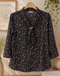 Elegant Black Polka Dot Tie Neck Women's Top with 3/4 Sleeves Trendy Casual Office & Party Wear