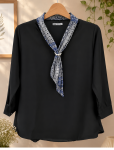 Premium Elegant Black Tie Neck Women's Top with 3/4 Sleeves Casual Office & Party Wear for Ladies
