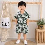 Children's Suit New Korean Style Short-Sleeved Shorts Shirt Two-Piece Set Beach Style Trade Children's Clothing Green Whirlwind 90cm