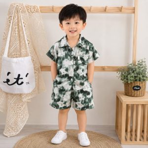 Children's Suit New Korean Style Short-Sleeved Shorts Shirt Two-Piece Set Beach Style Trade Children's Clothing Green Whirlwind 100cm