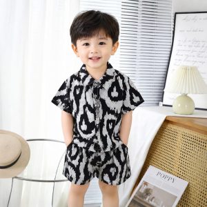 Children's Suit New Korean Style Short-Sleeved Shorts Shirt Two-Piece Set Beach Style Trade Children's Clothing Leopard Print Circle 100cm