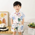 Children's Suit New Korean Style Short-Sleeved Shorts Shirt Two-Piece Set Beach Style Trade Children's Clothing Ink Letters 110cm