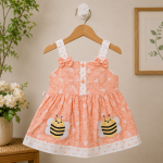 Elegant Peach Bee Embroidered Baby Girl Sleeveless Cotton Dress with Bow Shoulder Straps Premium Summer Kids Fashion Dress