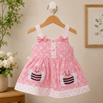 Adorable Pink Bee Embroidered Baby Girl Sleeveless Cotton Dress with Cute Bow Straps Stylish Summer Casual & Party Wear for Kids