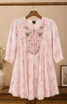 Premium Women's Baby Pink Floral Printed Embroidered Georgette One Piece Dress with Elegant Round Neck, 3 Quarter Sleeves, Casual Party Wear Fashion Dress for Ladies