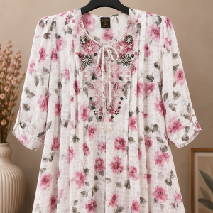 Women's Rose Pink Floral Printed Embroidered Premium One Piece Dress Stylish Casual Party Wear Dress with Round Neck for Girls and Ladies