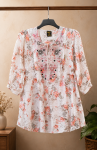 Premium Women's Peach Floral Printed Embroidered Georgette One Piece Dress Elegant Casual Wear Fashion Dress for Girls and Ladies with Round Neck
