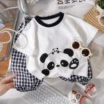 Girls' Short-Sleeve Long Pants Set Summer Pure Cotton Half-Sleeve Toddler Two-Piece Panda Color 73cm Size
