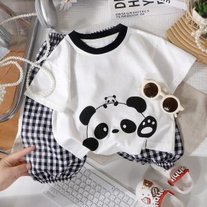 Girls' Short-Sleeve Long Pants Set Summer Pure Cotton Half-Sleeve Toddler Two-Piece Panda Color 100cm Size