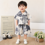 Children's Suit New Korean Style Short-Sleeved Shorts Shirt Two-Piece Set Beach Style Trade Children's Clothing Landscape Gray 80cm