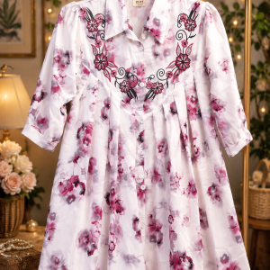 Premium Women's Pink Floral Printed Embroidered One Piece Dress Elegant Shirt Collar Cotton Blend Casual Midi Dress for Girls and Ladies