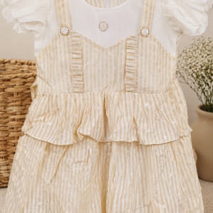 Luxury Beige Stripe Baby Girl Elegant Dress with Puff Sleeves Premium Soft Cotton Princess Dress for Birthday, Eid, Party & Family Events