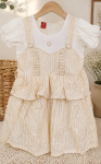 Luxury Beige Stripe Baby Girl Elegant Dress with Puff Sleeves Premium Soft Cotton Princess Dress for Birthday, Eid, Party & Family Events