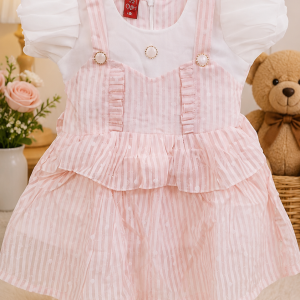 Premium Pink Stripe Baby Girl Princess Party Dress with Puff Sleeves Soft Cotton Kids Frock for Birthday, Eid & Special Occasions