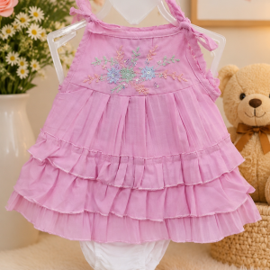 Premium Pink Embroidered Baby Girl Sleeveless Ruffle Dress Soft Cotton Blend Party Wear Frock for Infants
