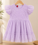 Luxury Lavender Baby Girl Party Dress with Floral Lace Embroidery & Puff Sleeves Elegant Princess Dress for Birthday, Eid, Wedding & Special Occasions
