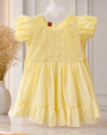 Premium Yellow Baby Girl Princess Dress with Floral Lace Design & Puff Sleeves Soft Cotton Party Wear Dress for Birthday, Eid & Family Events