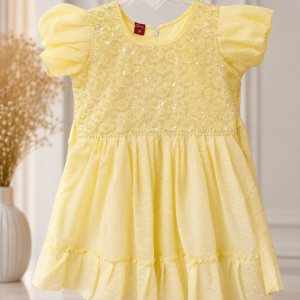 Premium Yellow Baby Girl Princess Dress with Floral Lace Design & Puff Sleeves Soft Cotton Party Wear Dress for Birthday, Eid & Family Events