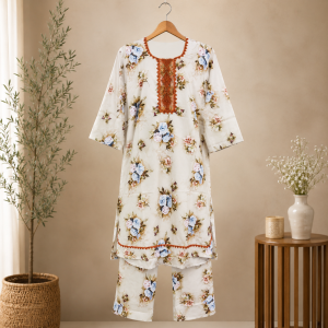 Premium White Floral Printed Women's Two Piece Cotton Set with Elegant Embroidered Neck Design Comfortable Casual & Daily Wear Ladies Outfit