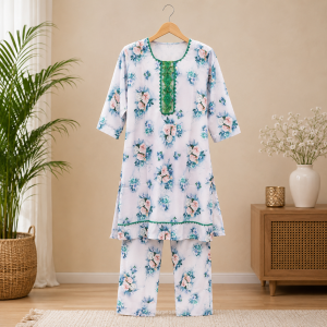 Elegant Sky Blue Floral Printed Women's Cotton Two Piece Dress Set with Green Embroidered Neck Stylish Casual Summer Wear