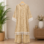 Premium Beige Printed Women's Two Piece Kurti Set with Elegant Lace Tassel Sleeves and Wide Leg Palazzo Pants
