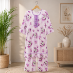 Stylish Pink Floral Printed Women's Premium Cotton Two Piece Co-Ord Set with Elegant Purple Embroidered Neck Trendy Casual & Party Wear Outfit