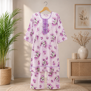 Stylish Pink Floral Printed Women's Premium Cotton Two Piece Co-Ord Set with Elegant Purple Embroidered Neck Trendy Casual & Party Wear Outfit