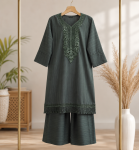 Dark Olive Green Embroidered Women's Two Piece Co-Ord Set with Premium Cotton Fabric Stylish Casual & Party Wear Pakistani Style Kurti Pant Set for Ladies