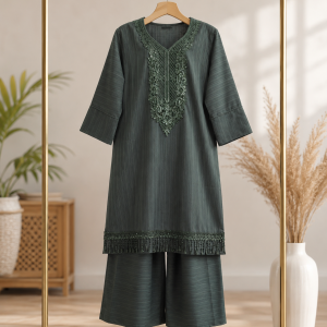 Dark Olive Green Embroidered Women's Two Piece Co-Ord Set with Premium Cotton Fabric Stylish Casual & Party Wear Pakistani Style Kurti Pant Set for Ladies