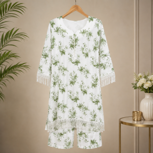 Premium White Green Floral Printed Women's Two Piece Kurti Set with Lace Tassel Sleeves and Matching Palazzo Pants