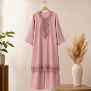Premium Dusty Pink Embroidered Women's Two Piece Kurti Pant Set | Elegant Pakistani Style Co-Ord Outfit for Casual Wear Office & Party