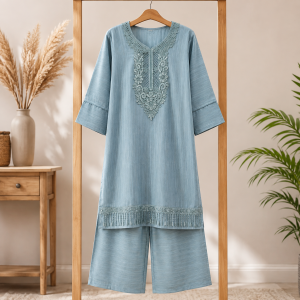 Stylish Sky Blue Embroidered Women's Cotton Kurti Pant Set Premium Pakistani Style Two Piece Dress for Office Casual & Festive Wear