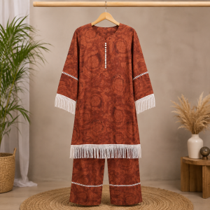 Luxury Rust Brown Printed Women's Two Piece Kurti Set with Premium Lace Tassel Sleeves and Palazzo Pants