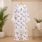 Elegant White Grey Floral Printed Women's Two Piece Kurti Set with Premium Lace Tassel Sleeves and Palazzo Pants