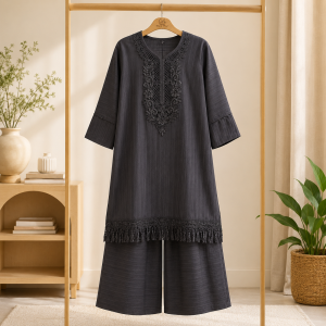 Classic Black Embroidered Women's Premium Two Piece Kurti Pant Set Elegant Pakistani Style Outfit for Party Office & Everyday Wear