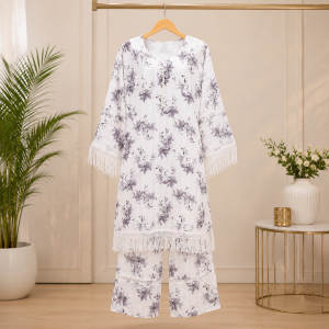 Elegant White Grey Floral Printed Women's Two Piece Kurti Set with Premium Lace Tassel Sleeves and Palazzo Pants