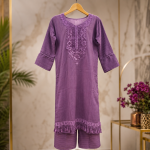 Elegant Purple Embroidered Women's Two Piece Kurti Pant Set Stylish Cotton Pakistani Style Outfit for Casual Office & Party Wear