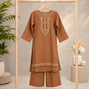 Premium Warm Brown Embroidered Women's Cotton Two Piece Kurti Pant Set Elegant Pakistani Style Casual Office & Festive Wear