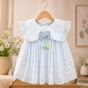 Premium Sky Blue Baby Girl Party Dress with Elegant Bow Design Soft Net Fancy Frock for Birthday Wedding Eid and Special Events