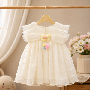 Premium Cream White Baby Girl Fancy Party Dress with Soft Net Bow Design Elegant Birthday Frock for Wedding Eid Party and Special Occasions